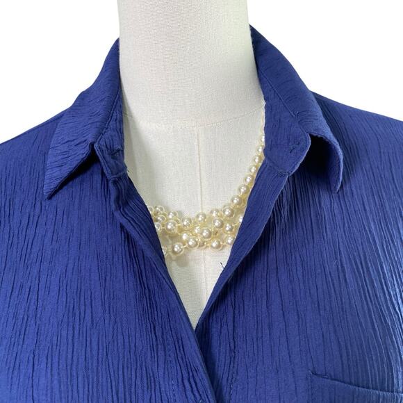 50th Street Petite Navy Blue Crinkle Long Sleeve Button Front Blouse Size PS - Picture 3 of 11